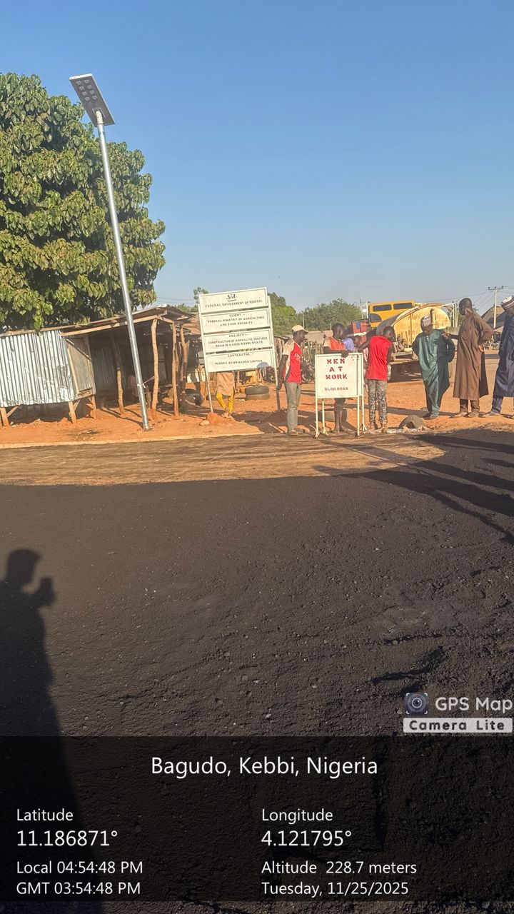 Kaoje, Kebbi State — completed road and project signboard